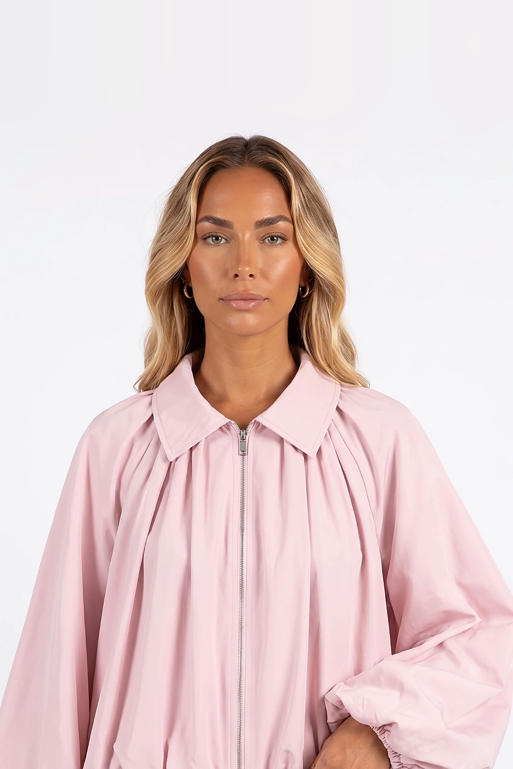 Ruched Puff-Sleeve Zip Bomber Jacket
