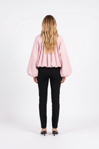 Ruched Puff-Sleeve Zip Bomber Jacket