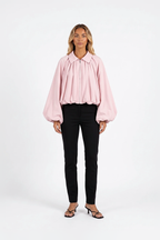 Ruched Puff-Sleeve Zip Bomber Jacket
