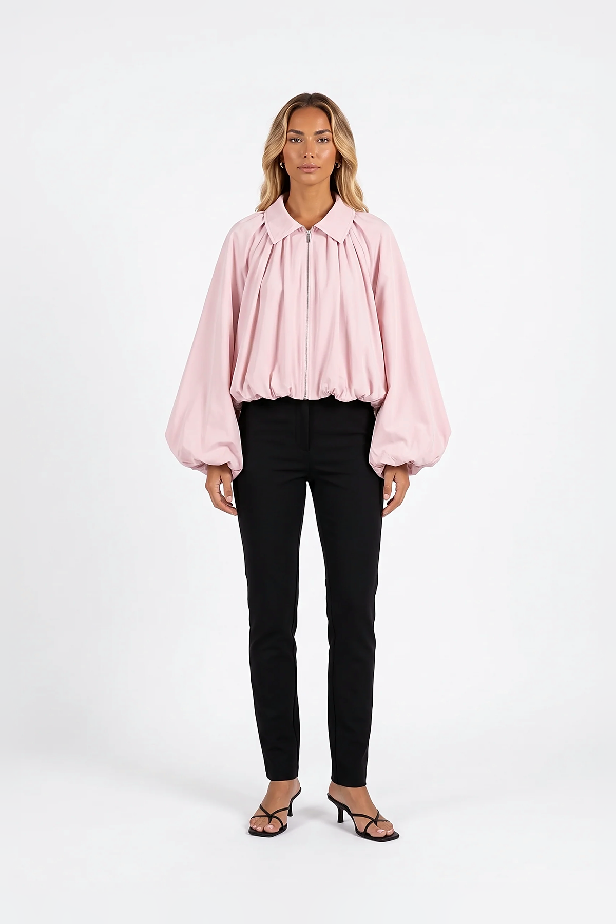 Ruched Puff-Sleeve Zip Bomber Jacket