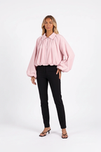 Ruched Puff-Sleeve Zip Bomber Jacket