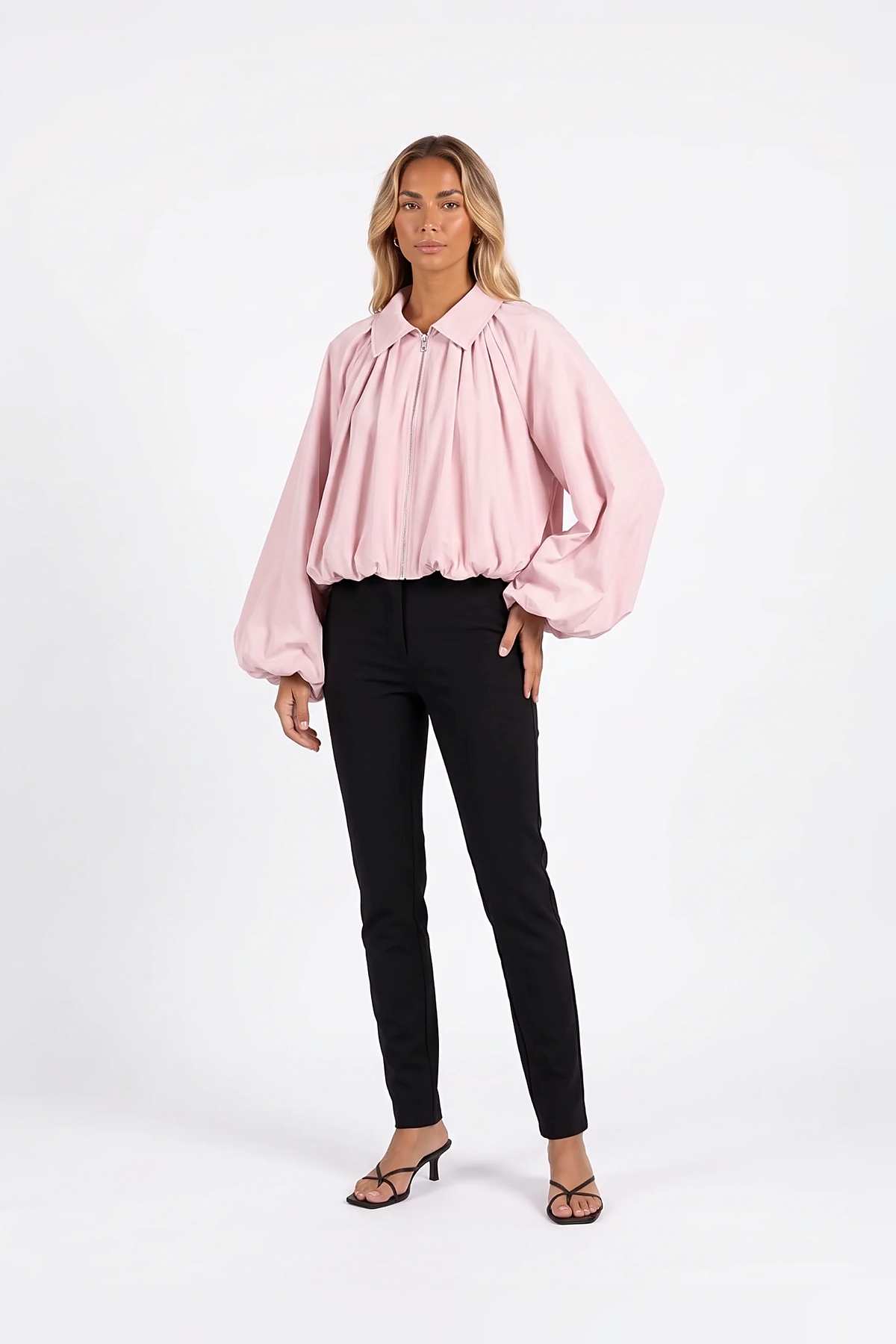 Ruched Puff-Sleeve Zip Bomber Jacket