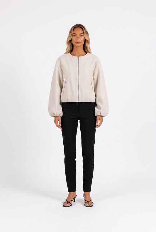 Oat beige crew-neck zip bomber with balloon sleeves — front