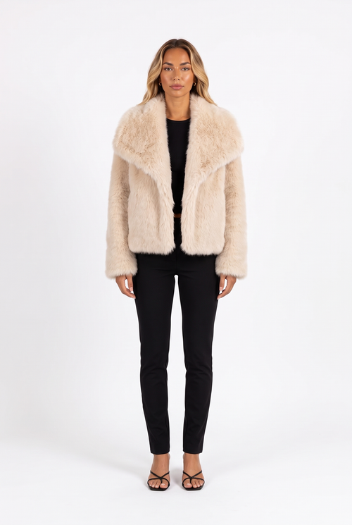Cream fluffy faux fur jacket with oversized shawl collar — front