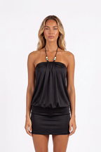 Beaded Halter Draped Bodycon Mini Dress