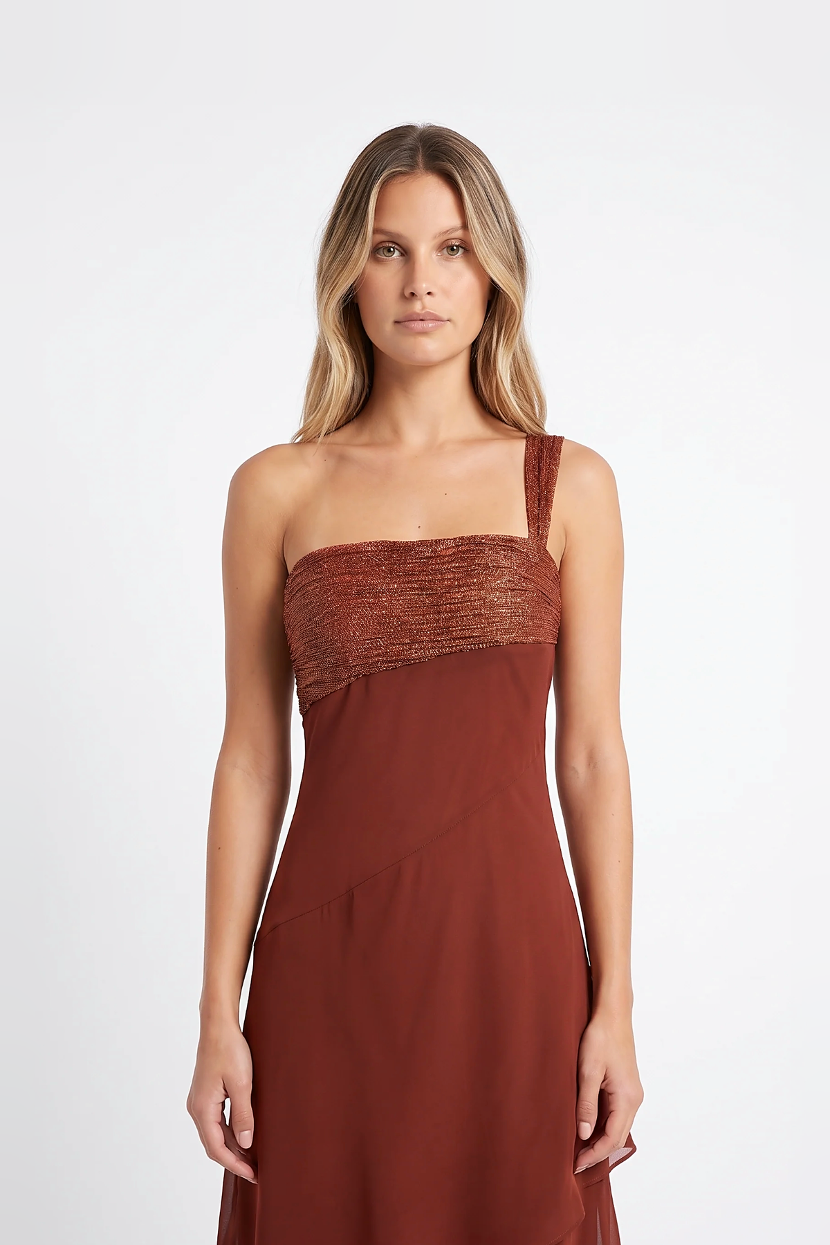 One-Shoulder Cascading Ruffle Maxi Dress