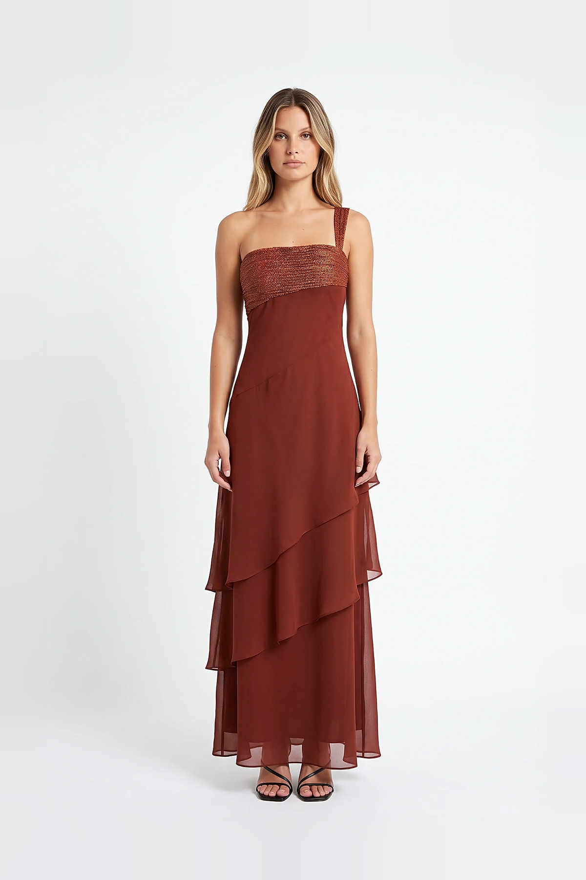 One-Shoulder Cascading Ruffle Maxi Dress