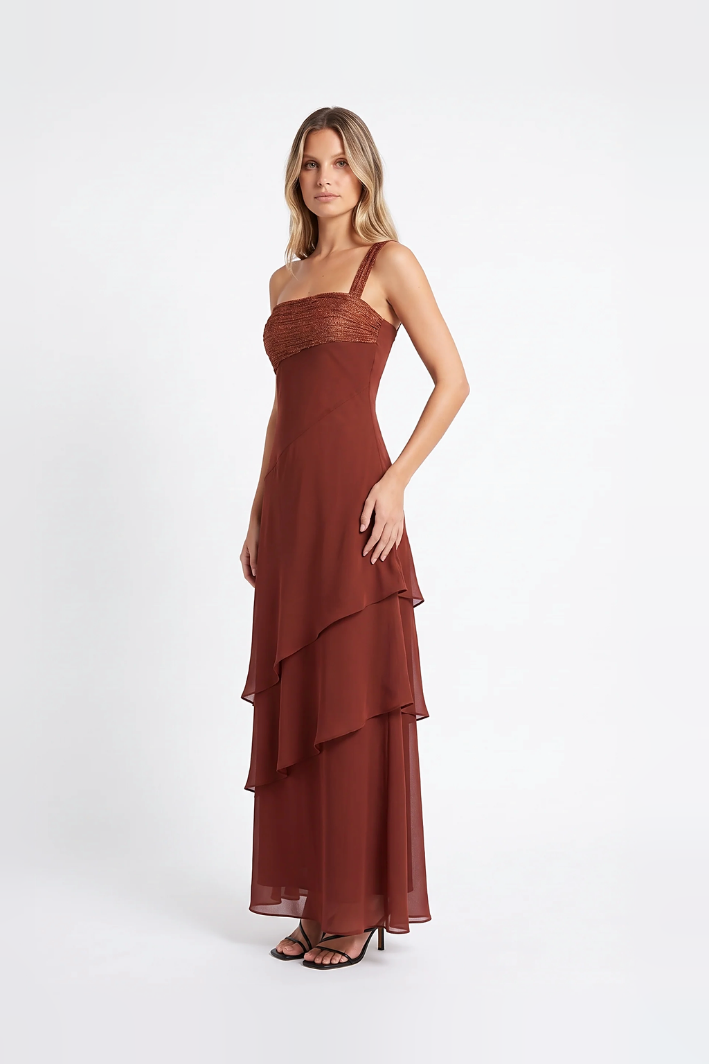 One-Shoulder Cascading Ruffle Maxi Dress