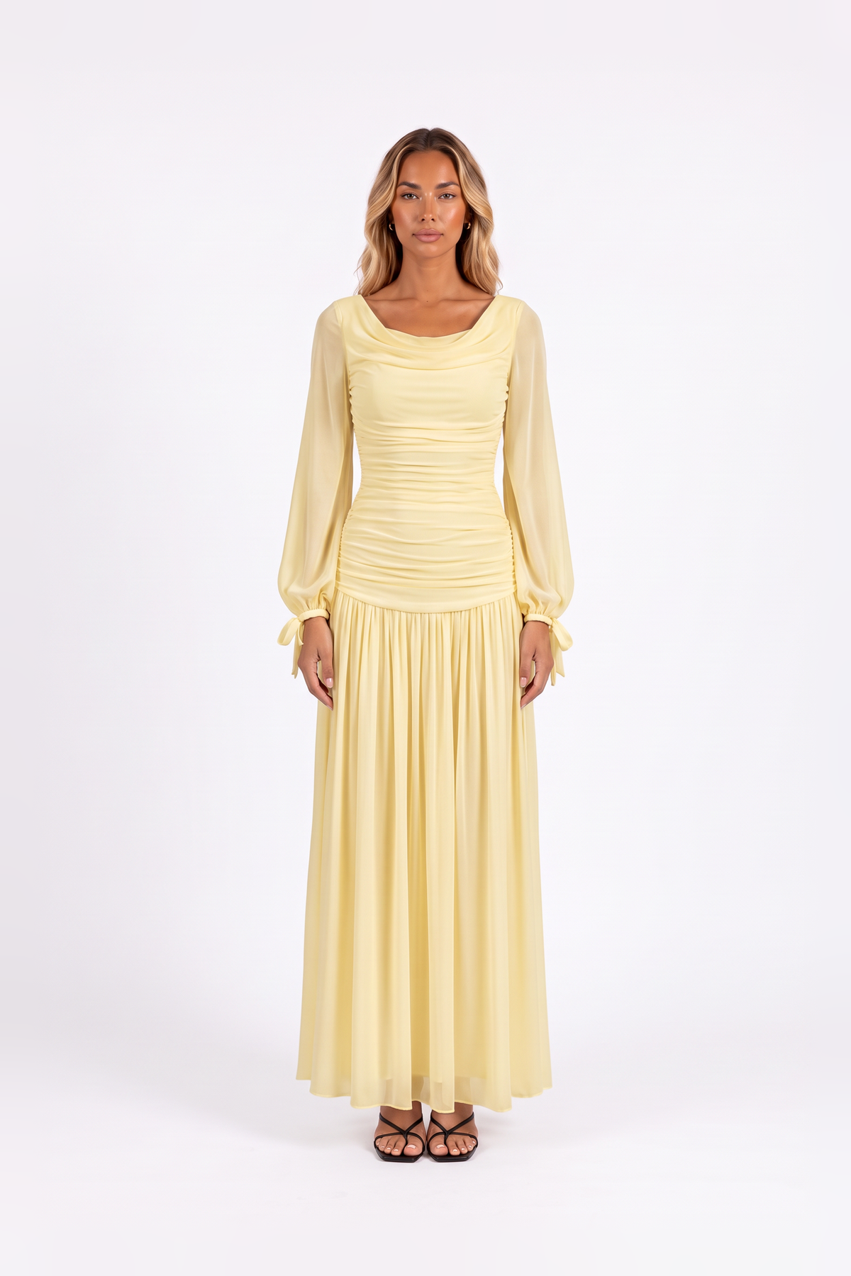 Draped Cowl-Neck Bishop-Sleeve Maxi Dress