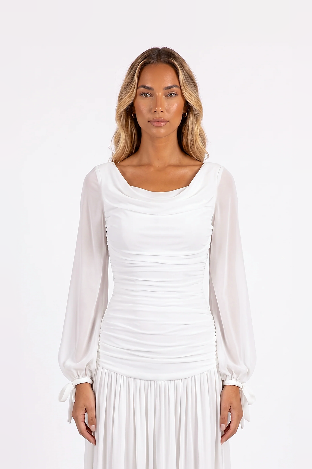 Draped Cowl-Neck Bishop-Sleeve Maxi Dress