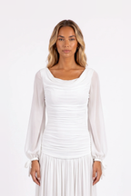Draped Cowl-Neck Bishop-Sleeve Maxi Dress