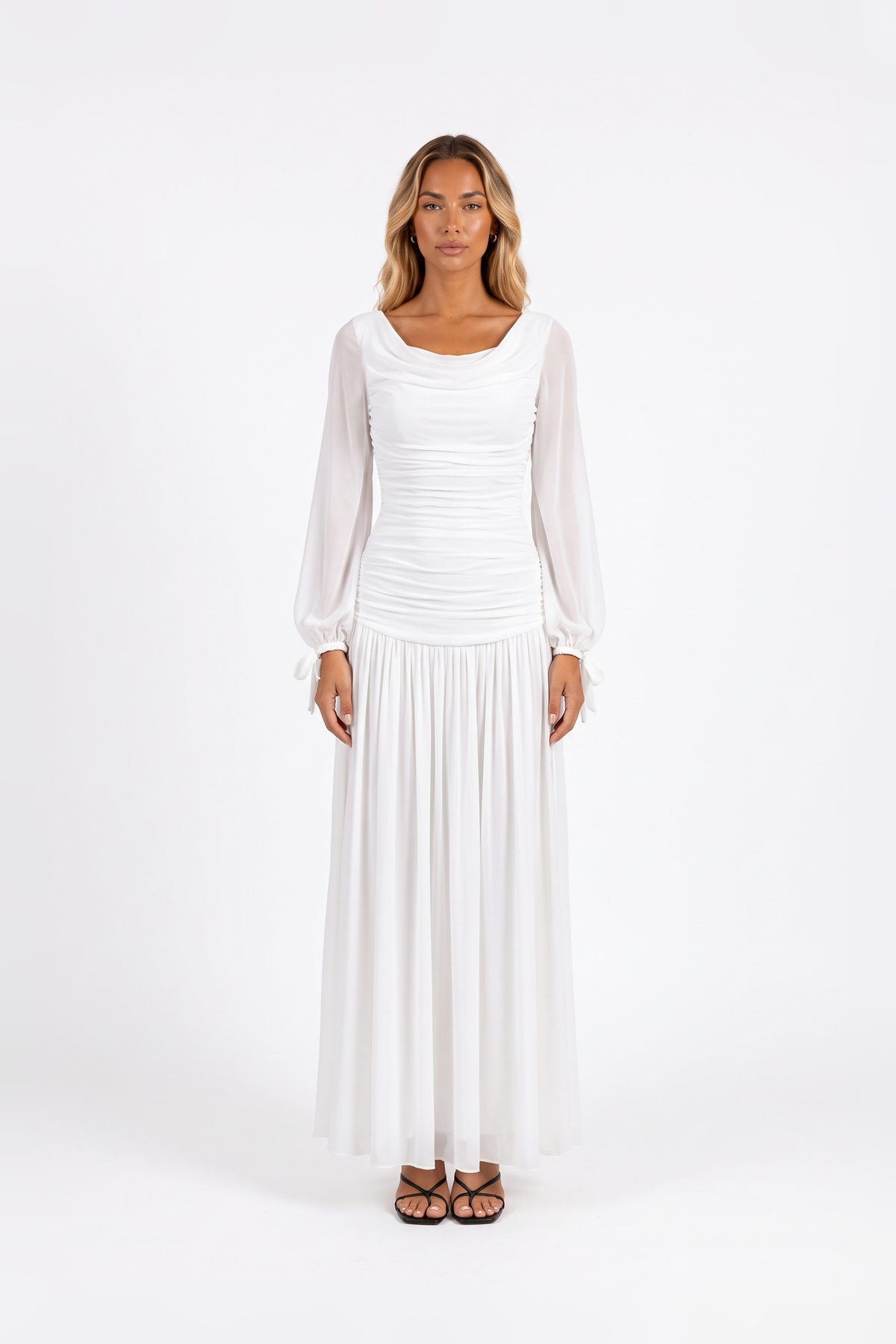 Draped Cowl-Neck Bishop-Sleeve Maxi Dress