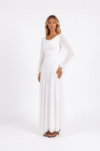 Draped Cowl-Neck Bishop-Sleeve Maxi Dress