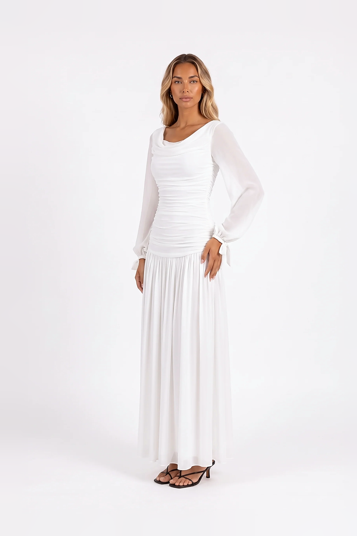 Draped Cowl-Neck Bishop-Sleeve Maxi Dress