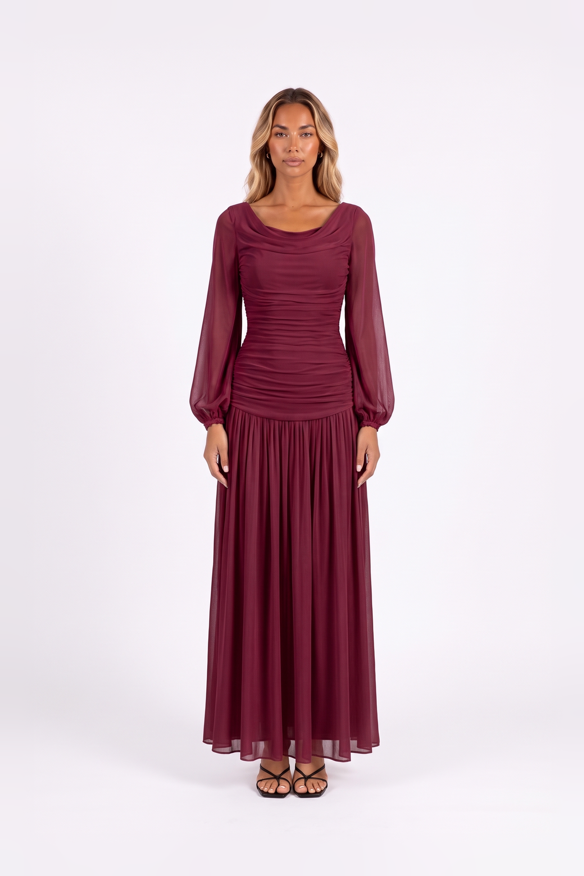 Draped Cowl-Neck Bishop-Sleeve Maxi Dress