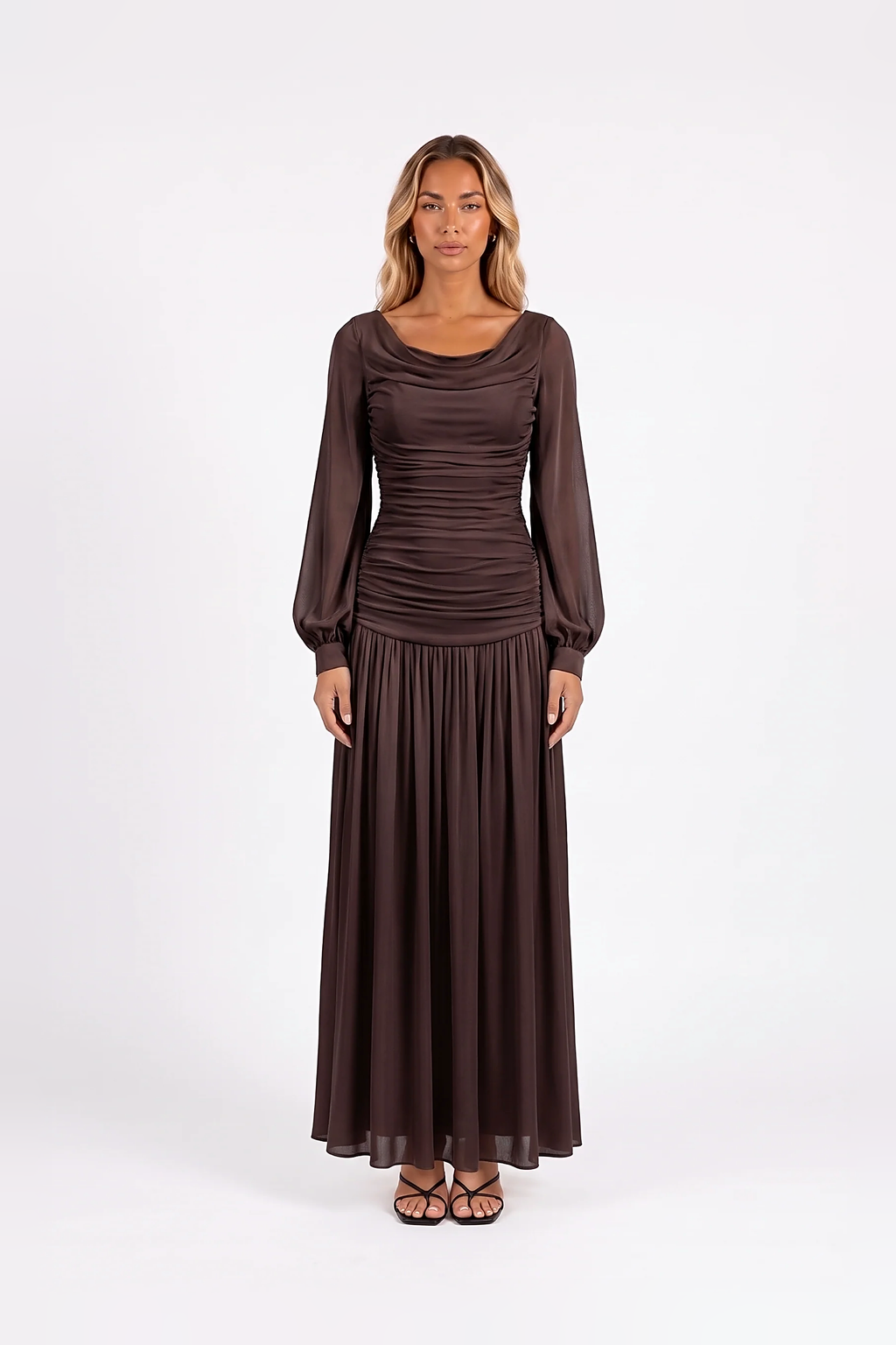Draped Cowl-Neck Bishop-Sleeve Maxi Dress