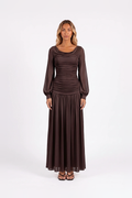 Draped Cowl-Neck Bishop-Sleeve Maxi Dress