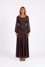 Draped Cowl-Neck Bishop-Sleeve Maxi Dress