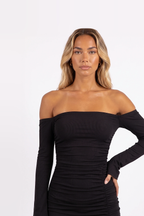 Off-Shoulder Ribbed Knit Slit Dress