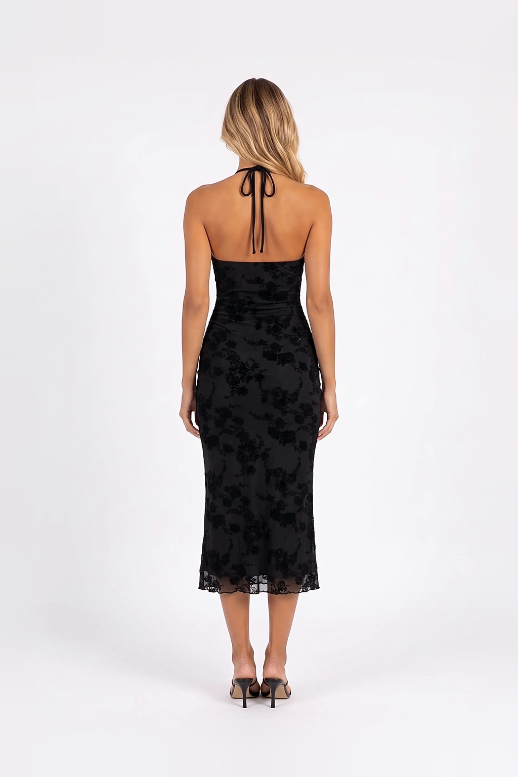 Flocked Floral Halter Midi Dress