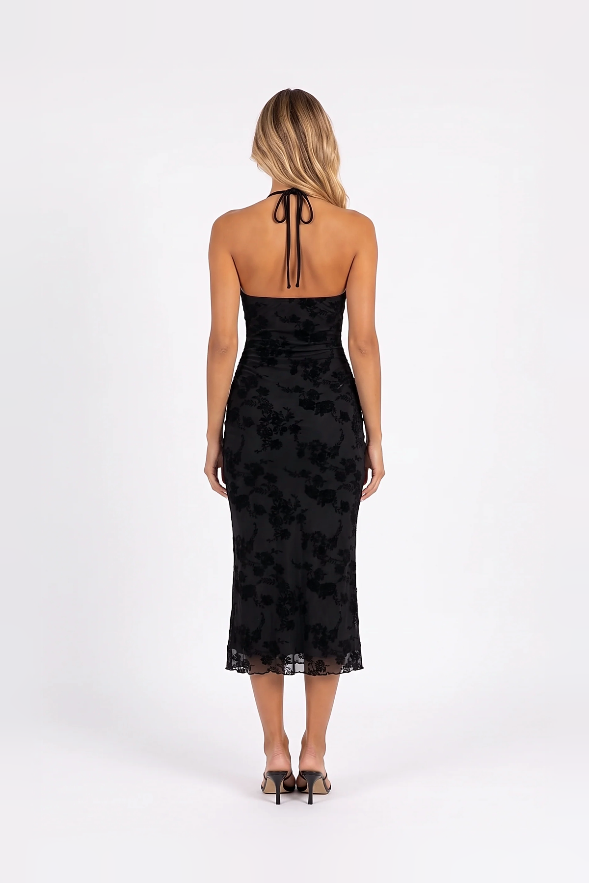 Flocked Floral Halter Midi Dress