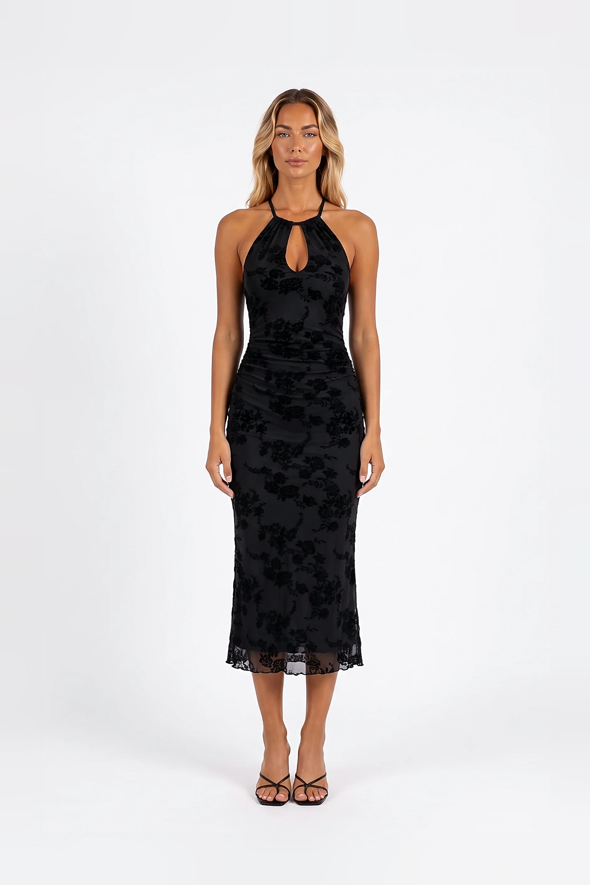 Flocked Floral Halter Midi Dress